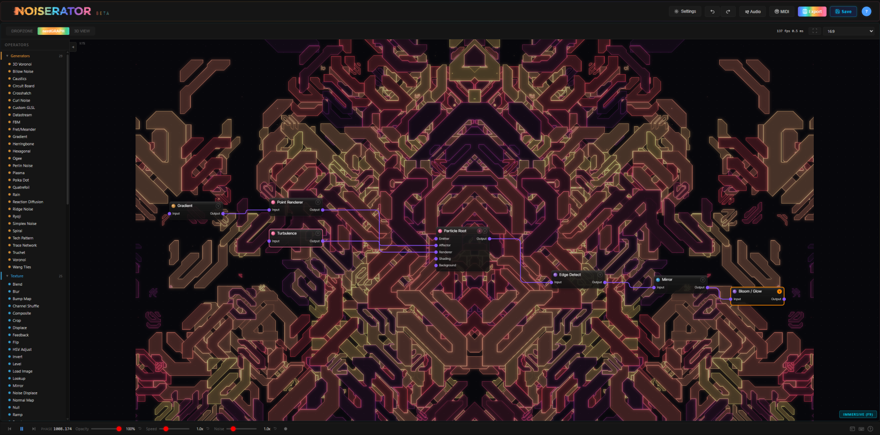 Complex mirrored procedural texture with intricate circuit-like patterns generated in Noiserator