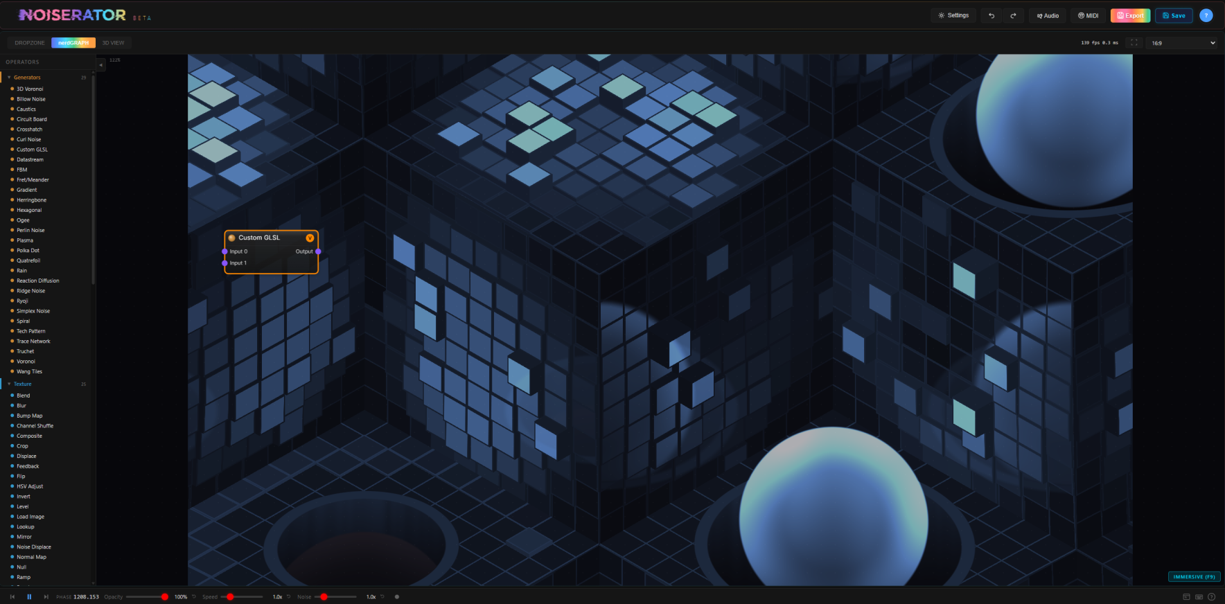 Noiserator 3D preview environment with reflective spheres and cubic geometry rendered from a procedural texture