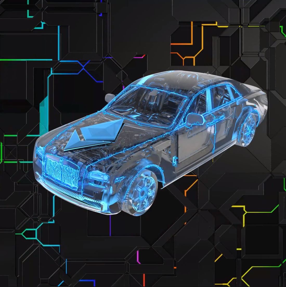 Rolls Royce Ghost rendered as a translucent blue glass model over a circuit-board backdrop