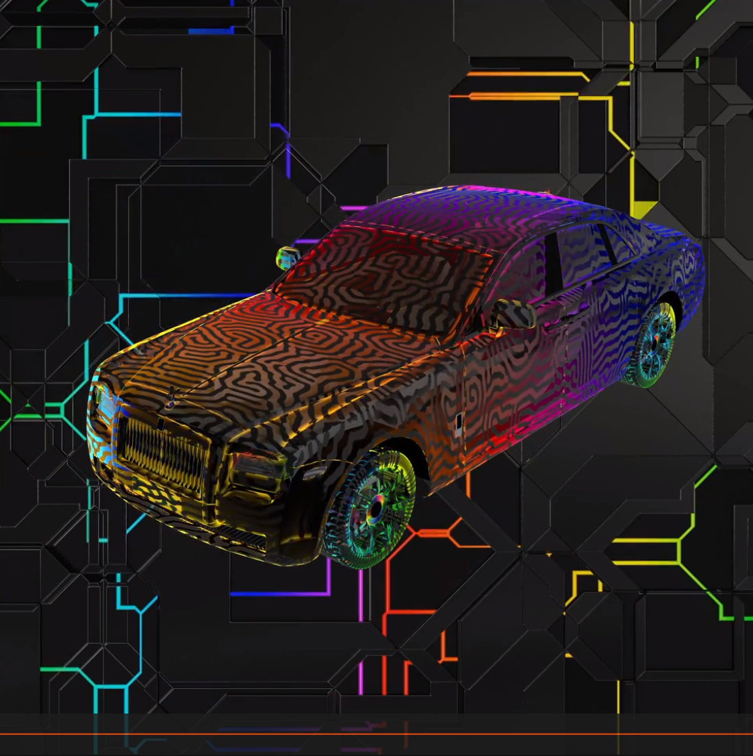 Rolls Royce Ghost wrapped in rainbow topographic stripe visuals on a circuit-board backdrop
